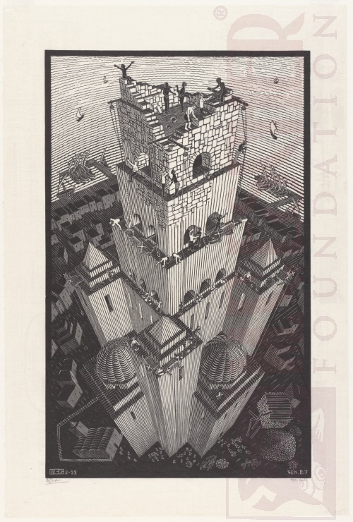 Babil Kulesi ahşap baskı yöntemiyle resmedilmiştir. Tepeden bir bakış açısı vardır. 